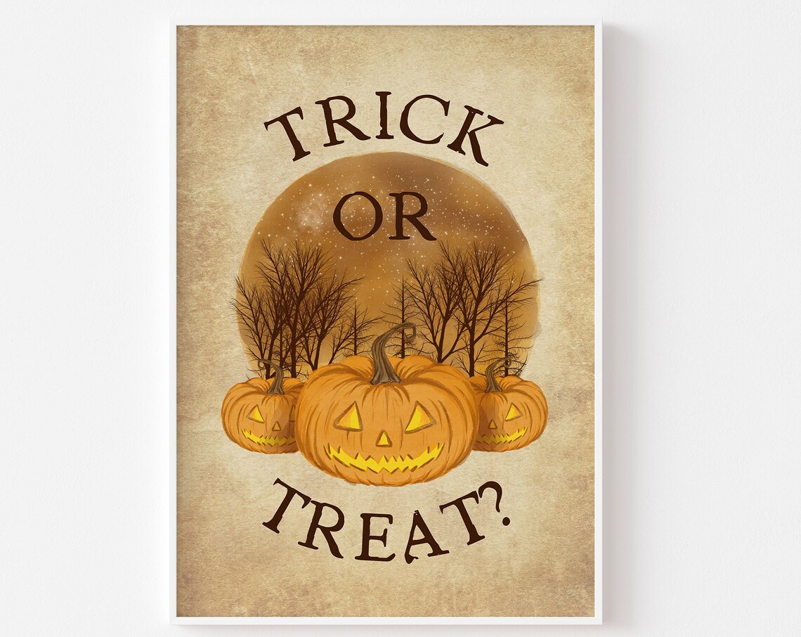 Trick Or Treat Jack O Lantern Pumpkin Moon Vintage Halloween Poster