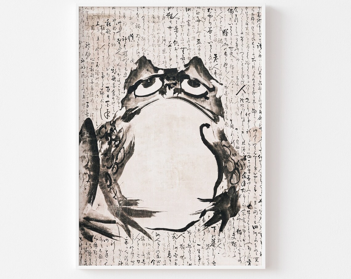 Vintage Japanese Frog Ink Art Grumpy Toad Woodblock Style Poster