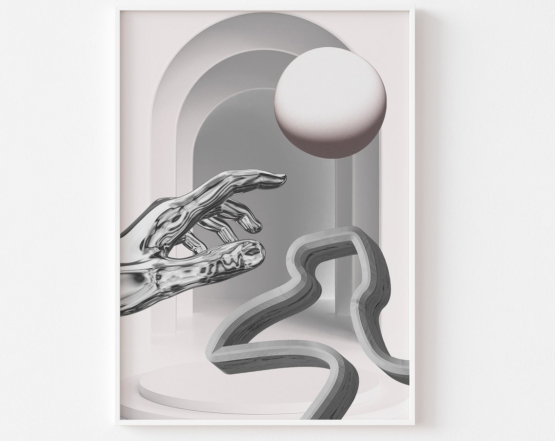 Surreal Silver Chrome Hand Sphere 3D Ethereal Monochrome Art Poster