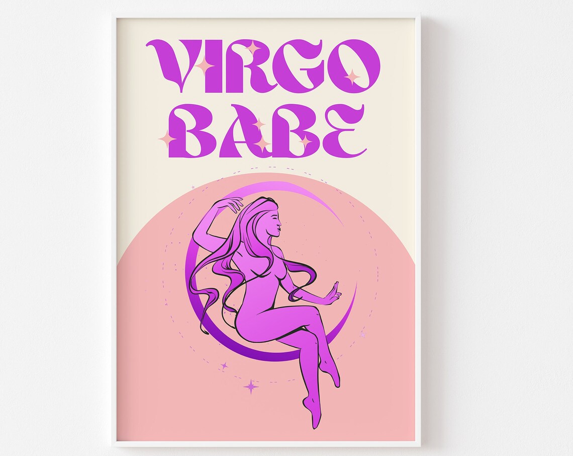 Virgo Babe Zodiac Retro Astrology Star Sign Purple Moon Decor Poster