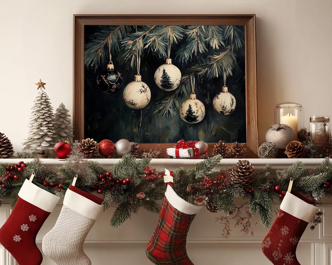 Hand Painted White Christmas Ornaments on Dark Pine Branch Poster - Image 7