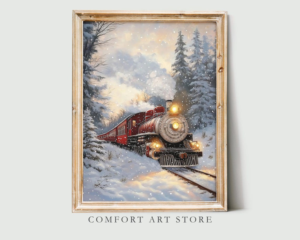 Red Locomotive with Glowing Headlamp in Snowy Pines Wall Art