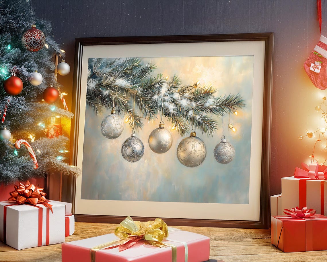 Elegant Champagne Gold Christmas Ornaments on Snowy Branch Poster - Image 5