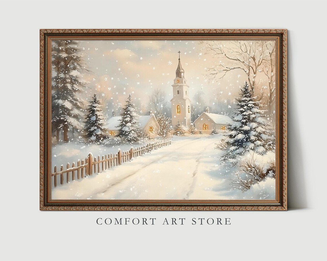 Country Church in Falling Snow Winter Landscape Painting Poster - Image 4