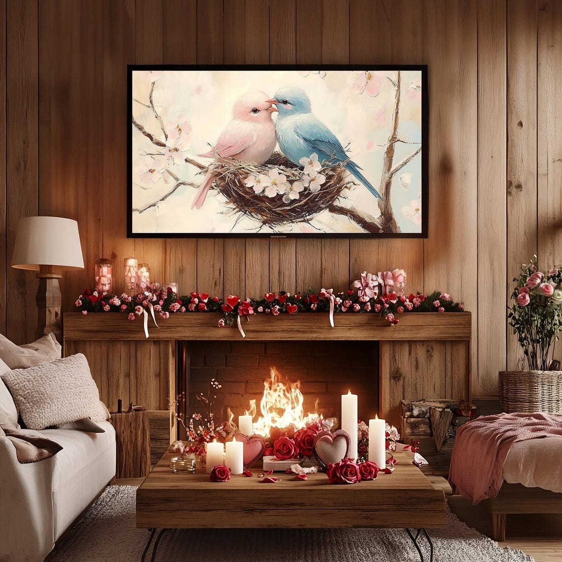 Pink Blue Lovebirds Nest Cherry Blossoms Romantic Birds Art Poster - Image 2