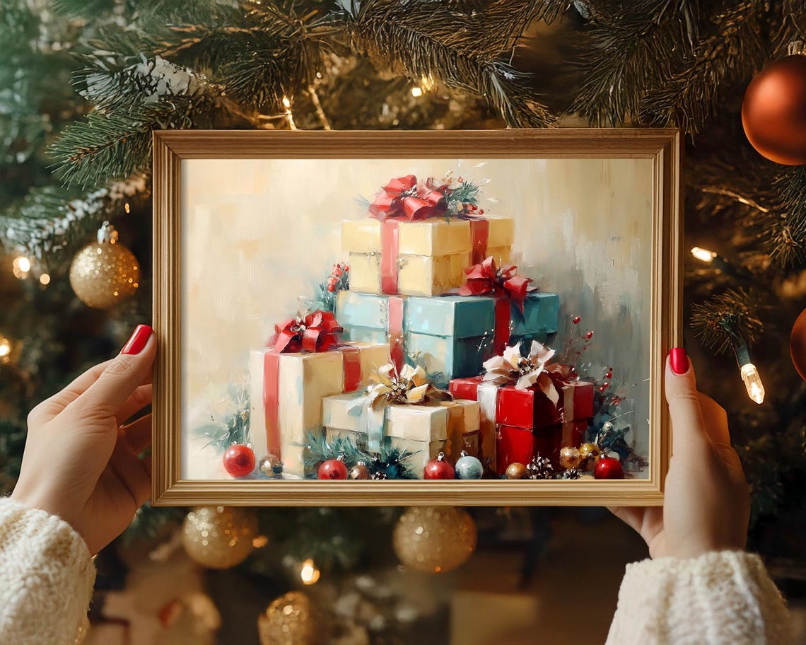 Stack of Christmas Gifts with Ribbons Vintage Holiday Poster - Image 4