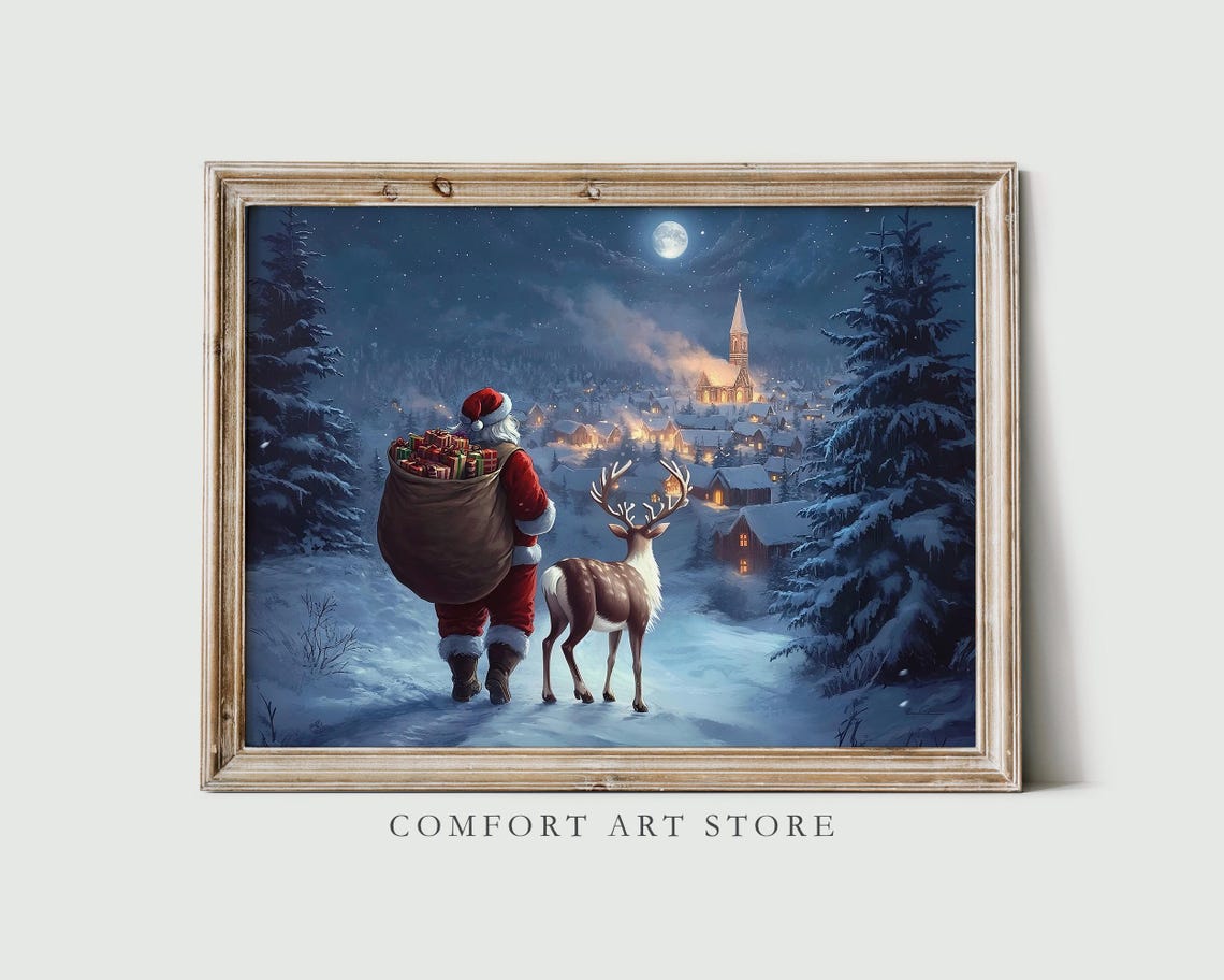 Christmas Wall Art Santa Claus Reindeer Print Dark Academia Winter Village Scene Snowy Holiday Decor Vintage Christmas Painting