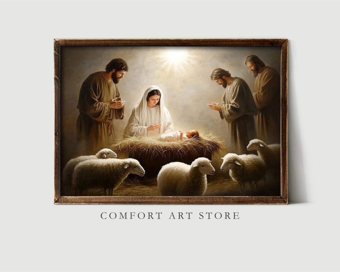 Holy Family Nativity Scene with Shepherds and Sheep Art Poster - Image 2