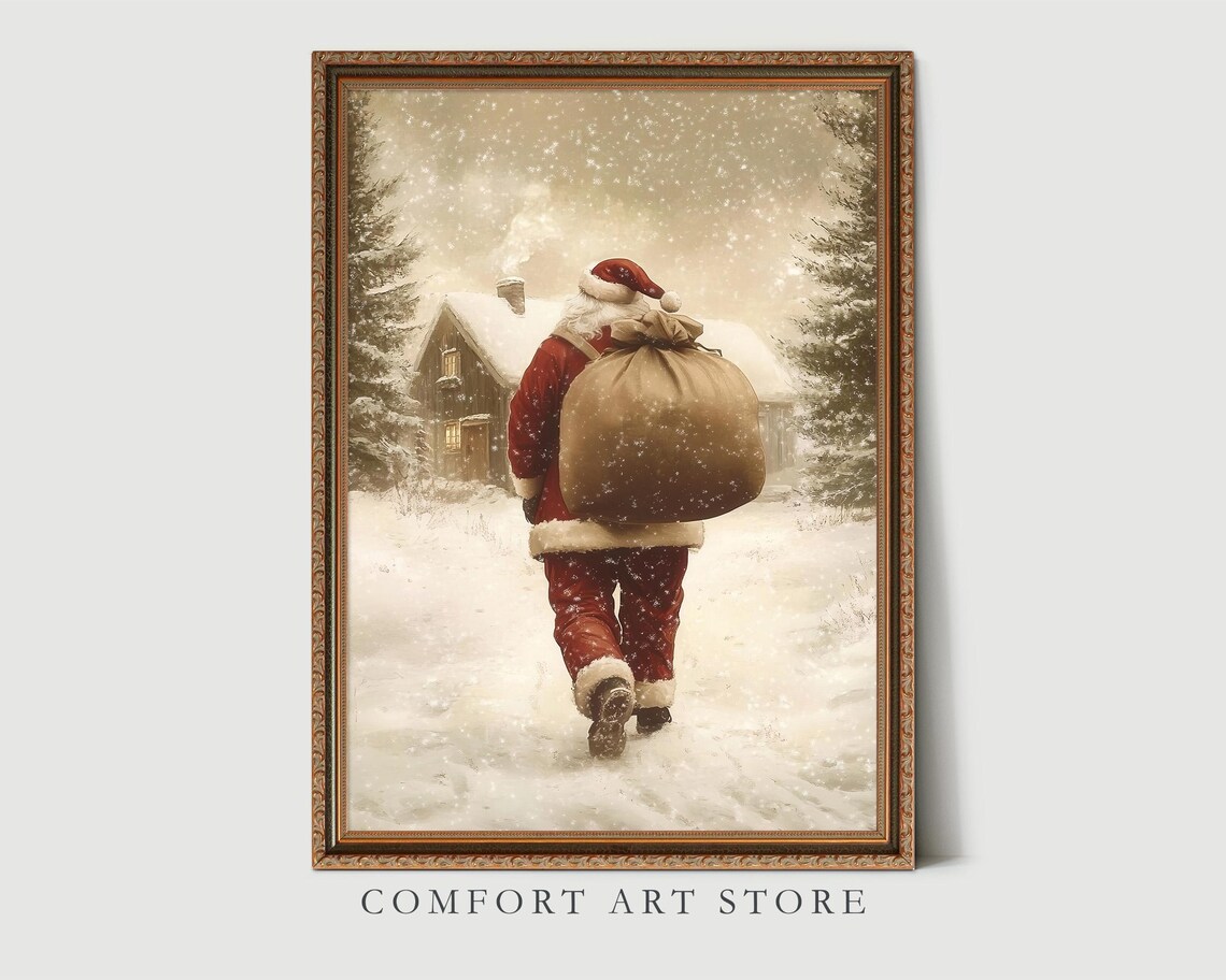 Santa Claus Print Vintage Christmas Wall Art Antique Santa Painting Winter Landscape Holiday Decor Christmas Gift Santa Wall Art - Image 3
