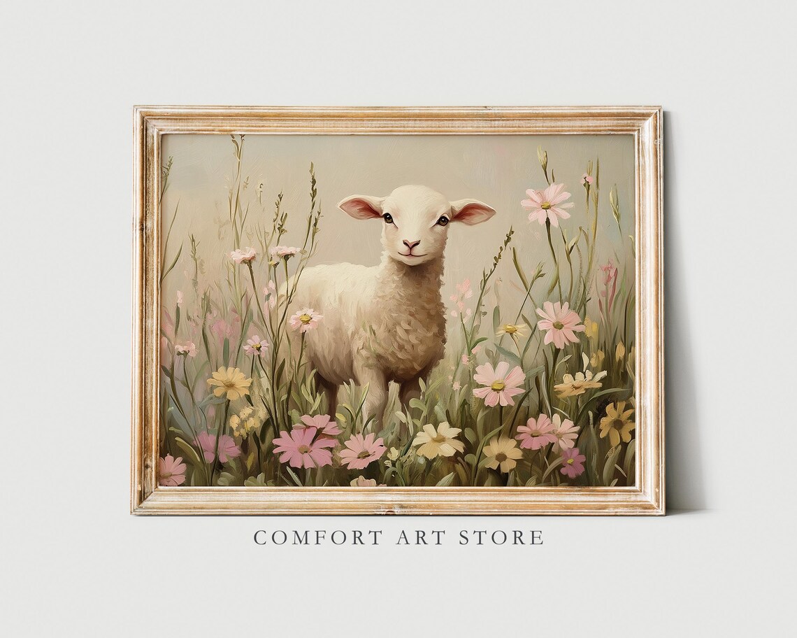 Cute Easter Lamb, Vintage Spring Wildflower Art Print
