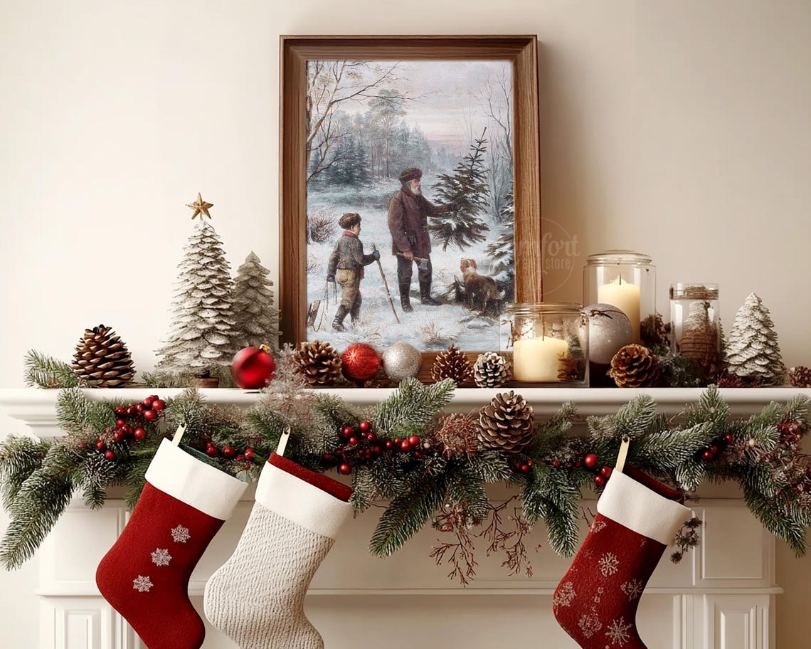 Vintage Painting of Father and Son Cutting Christmas Tree Wall Art - Image 5