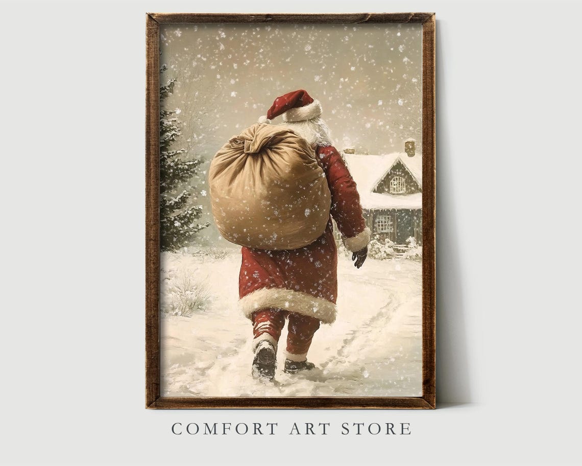 Santa Claus Carrying Gifts on Snowy Path to a Cabin Wall Art - Image 2