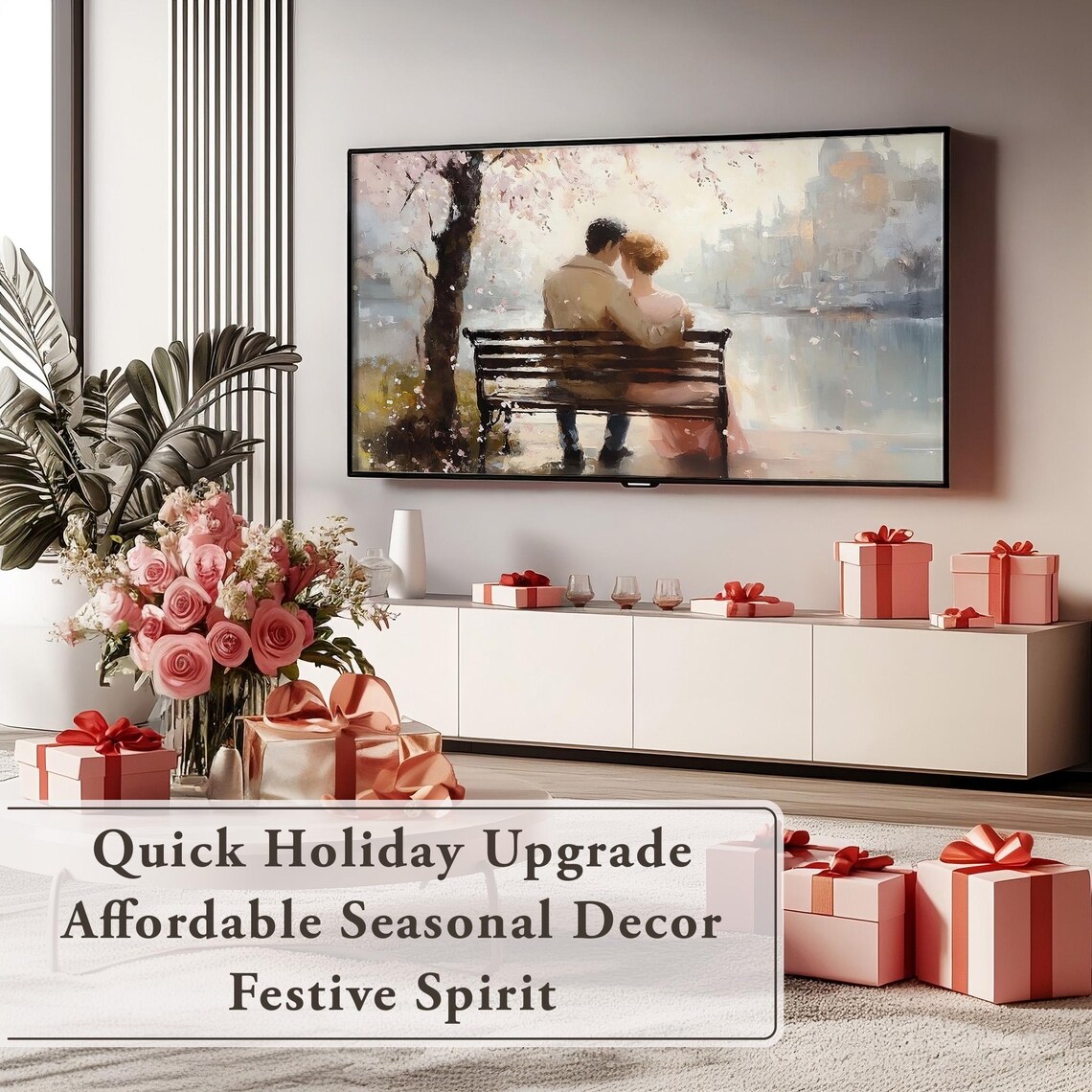 Embracing Couple Bench Blossom River Romantic Painting Decor Poster - Image 5