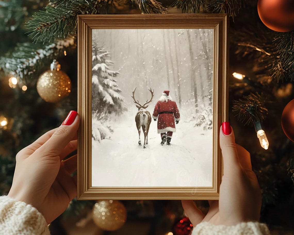 Santa Claus and Reindeer in a Sepia Toned Snowy Forest Poster - Image 6
