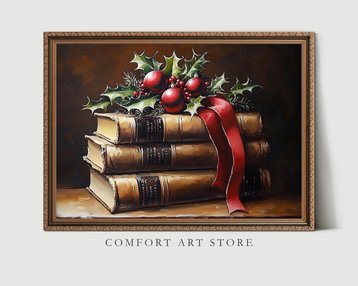 Elegant Stack of Vintage Books with Holly and Red Ornaments Poster - Image 4