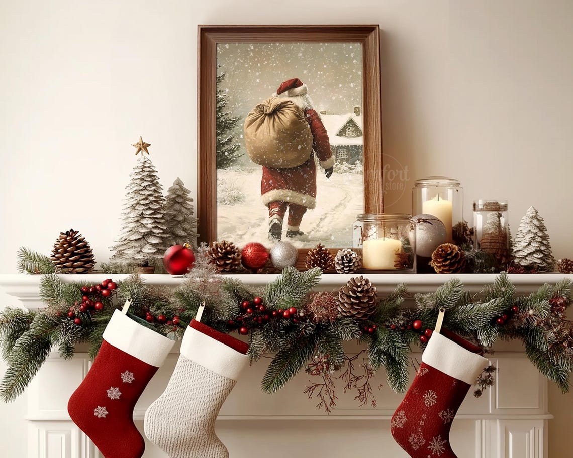 Santa Claus Carrying Gifts on Snowy Path to a Cabin Wall Art - Image 4