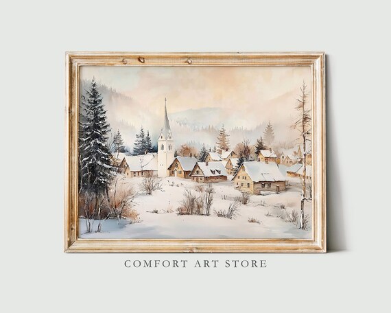 Snowy Village with Church Watercolor Winter Landscape Poster
