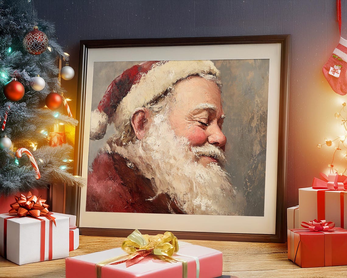 Antique Vintage Santa Claus Portrait Print Smiling Santa Claus Close Up Portrait Wall Art Christmas Scene Painting Neutral Print - Image 5