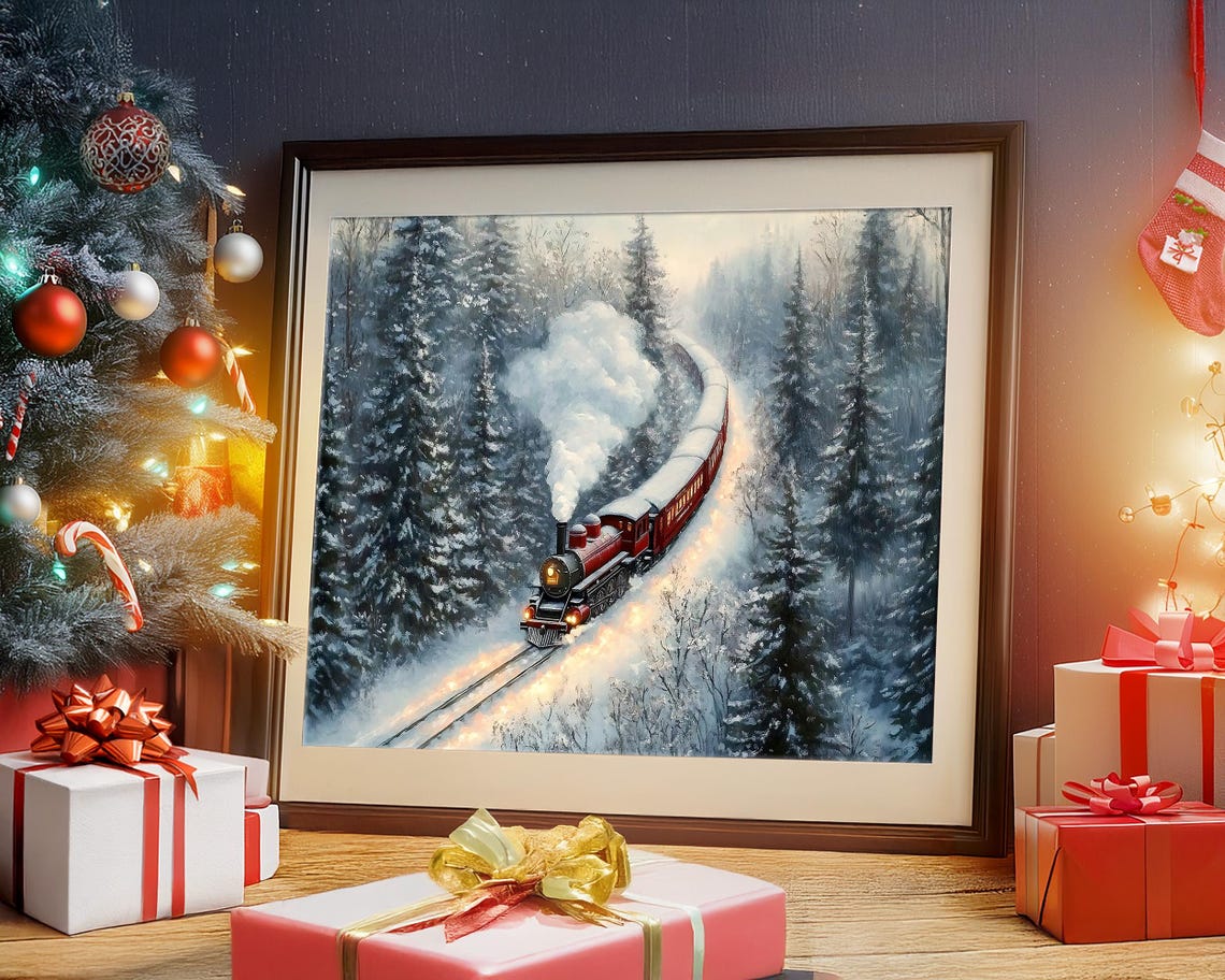 Classic Vintage Red Steam Train in Snowy Pine Forest Art Poster - Image 3