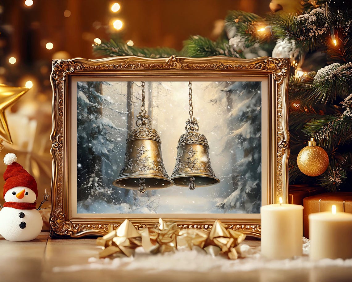 Ornate Brass Jingle Bells Hanging in a Snowy Winter Forest Poster - Image 5