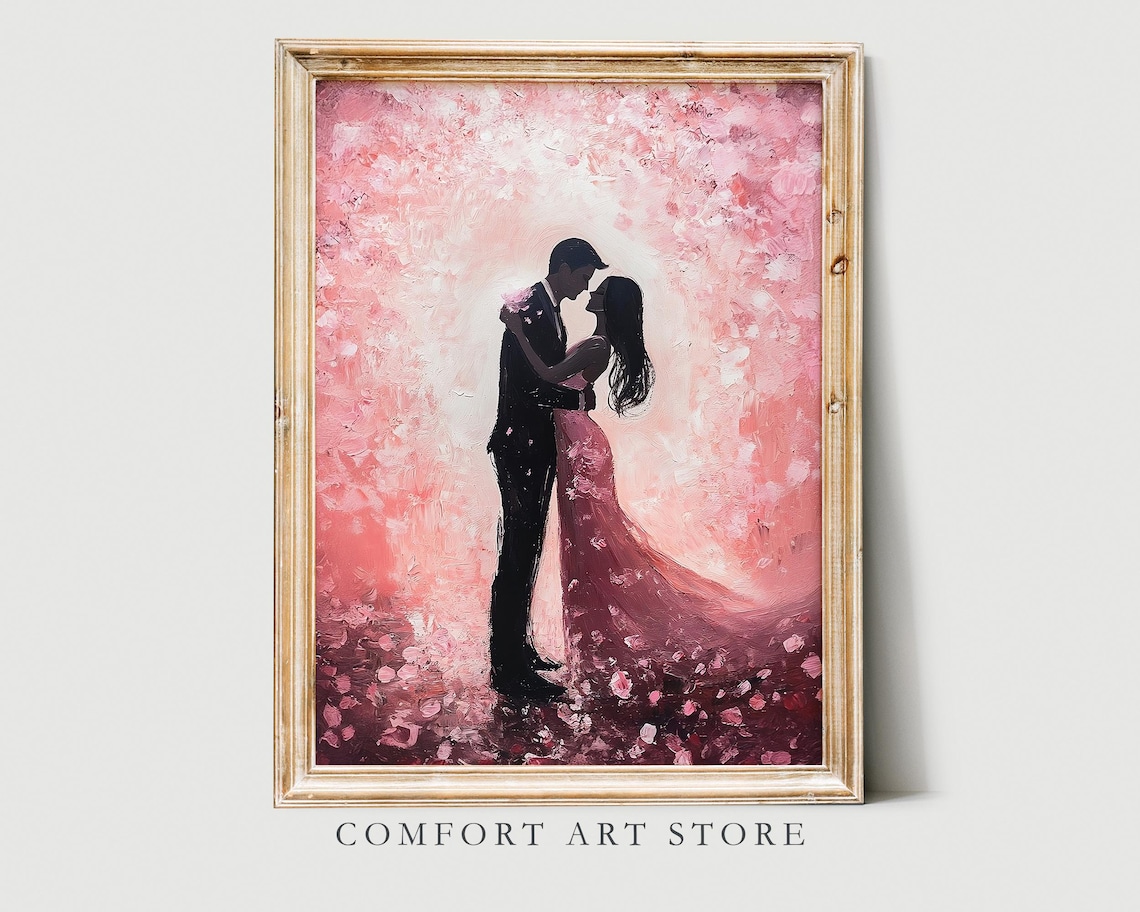 Romantic Couple in a Swirl of Pink Petals Dreamy Love Poster