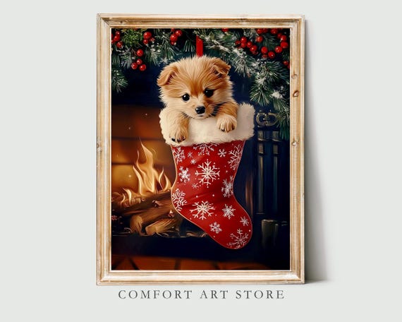 Vintage Christmas Dog Print Christmas Wall Art Winter Christmas Print German Spitz Painting Cute Christmas Puppy Stocking Wall Art