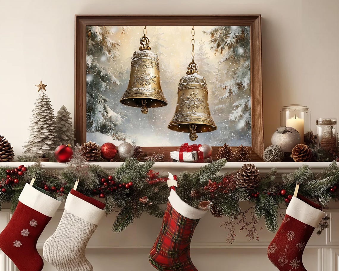 Engraved Brass Christmas Bells in a Snowy Forest Winter Poster - Image 6