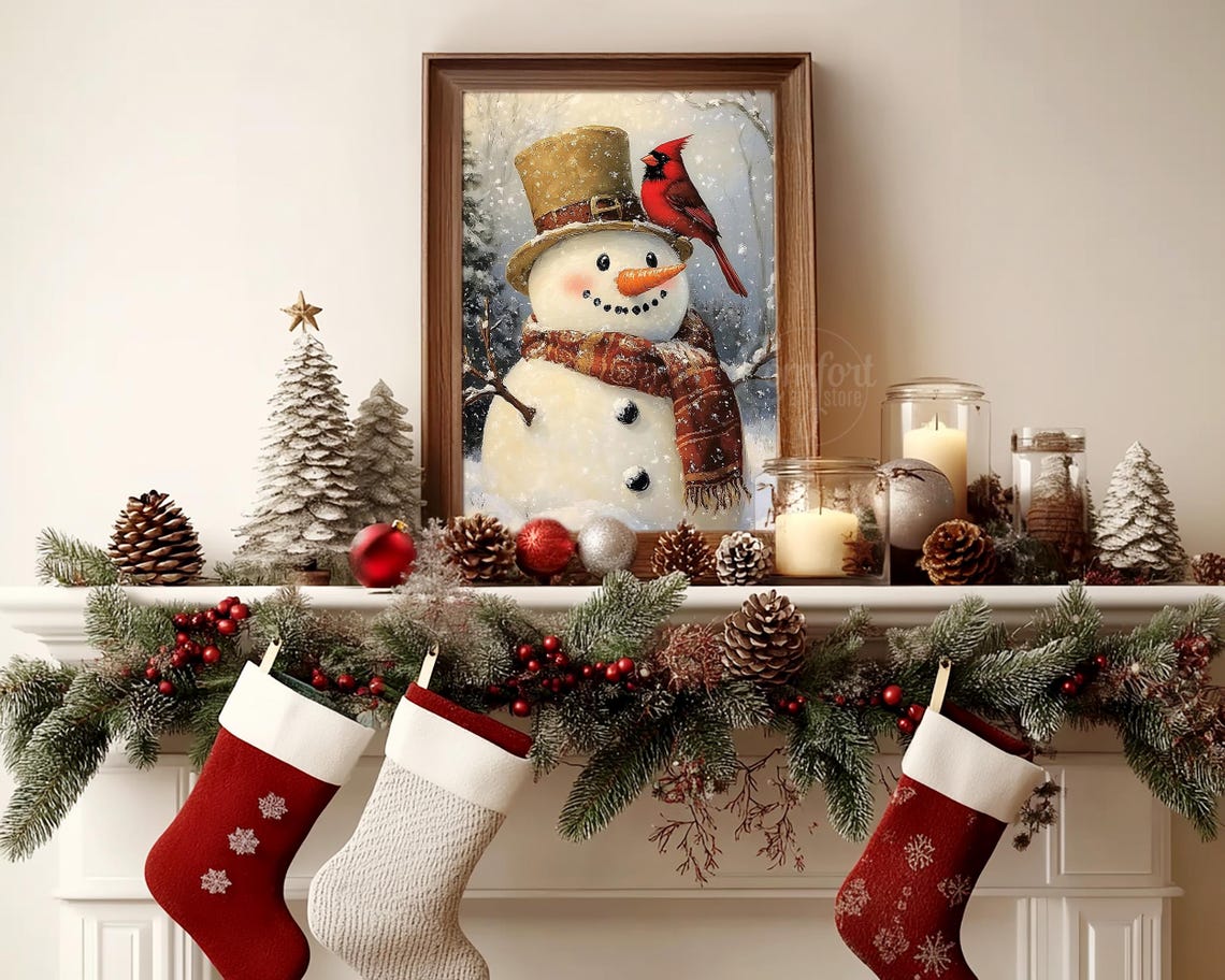 Vintage Christmas Wall Art Snowman Print Carrot Nose Red Cardinal Holiday Winter Decor Neutral Christmas Oil Painting Antique Snowman Print - Image 5