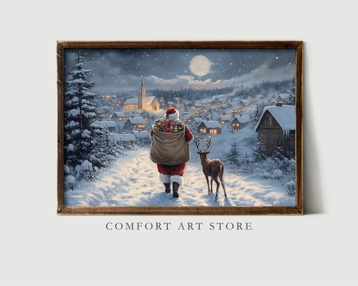 Christmas Wall Art Santa Claus Reindeer Print Dark Academia Winter Village Scene Snowy Holiday Decor Vintage Christmas Painting - Image 2