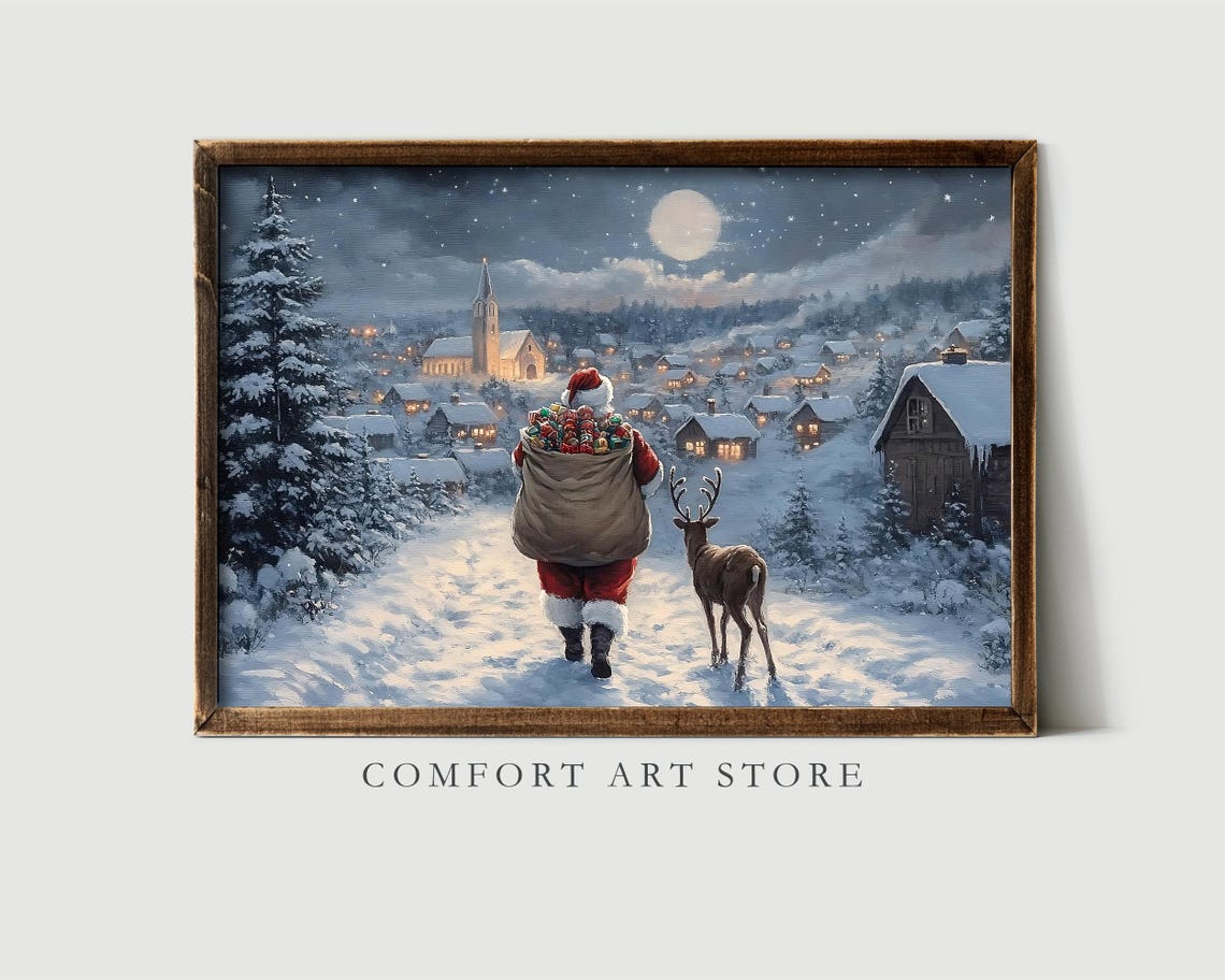 Santa Claus Moonlit Village Walk with Reindeer Christmas Poster - Image 2