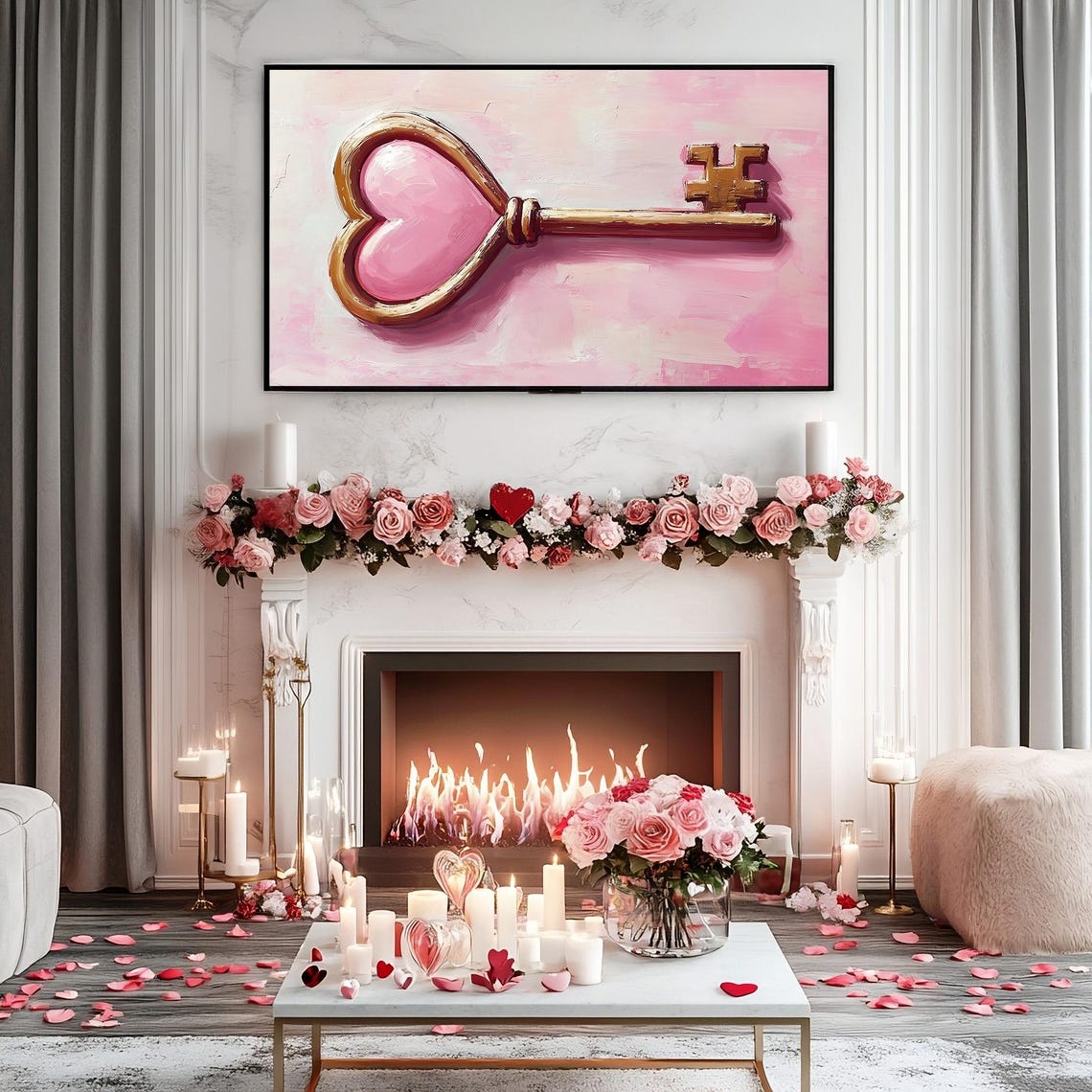 Pink Heart Key Vintage Frame TV Art Romantic Rustic Valentine Poster - Image 3