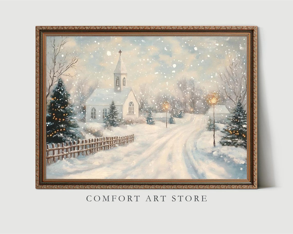 Snow Covered Country Church on Winter Lane Falling Snow Art Poster - Image 4