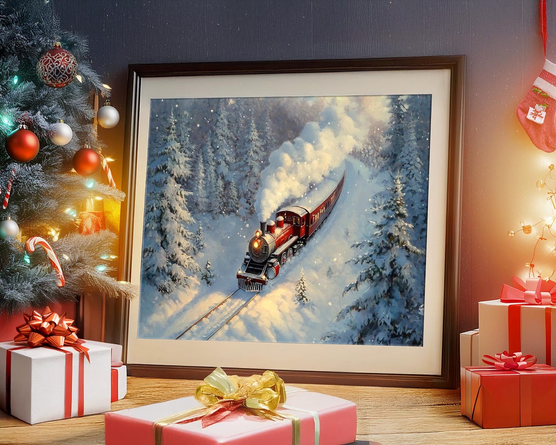 Red Steam Train Traveling Through a Snowy Winter Forest Poster - Image 3