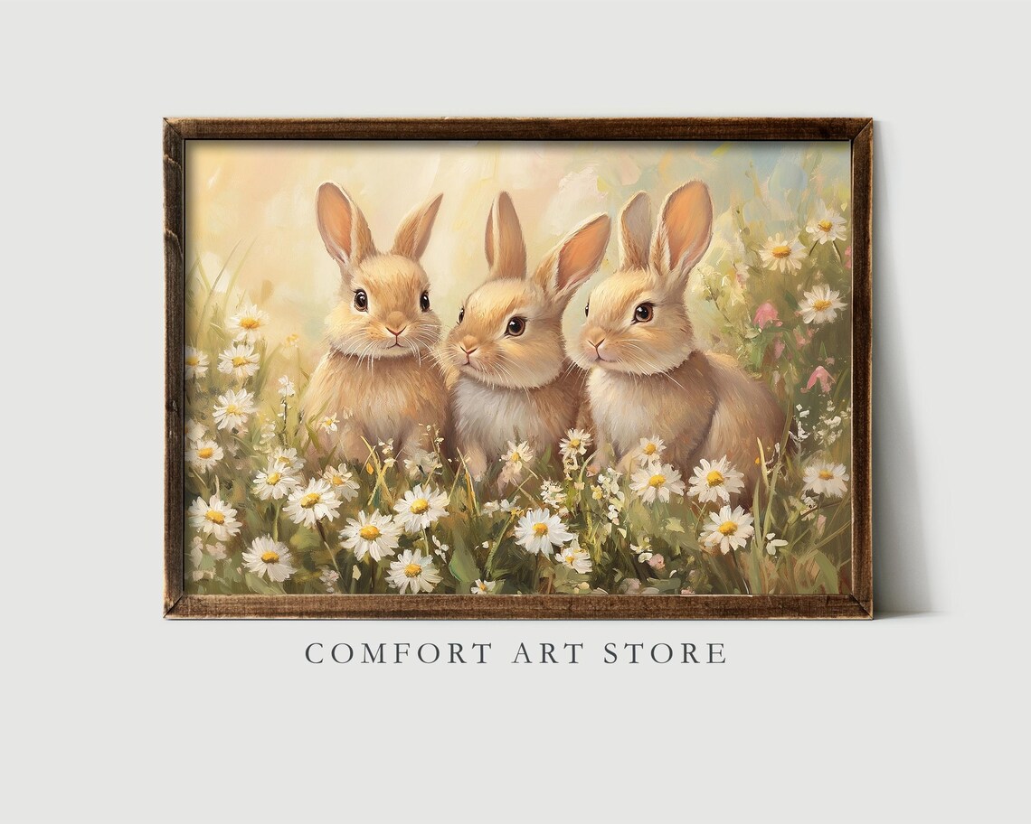 Easter Bunny Print, Cute Neutral Spring Wildflower