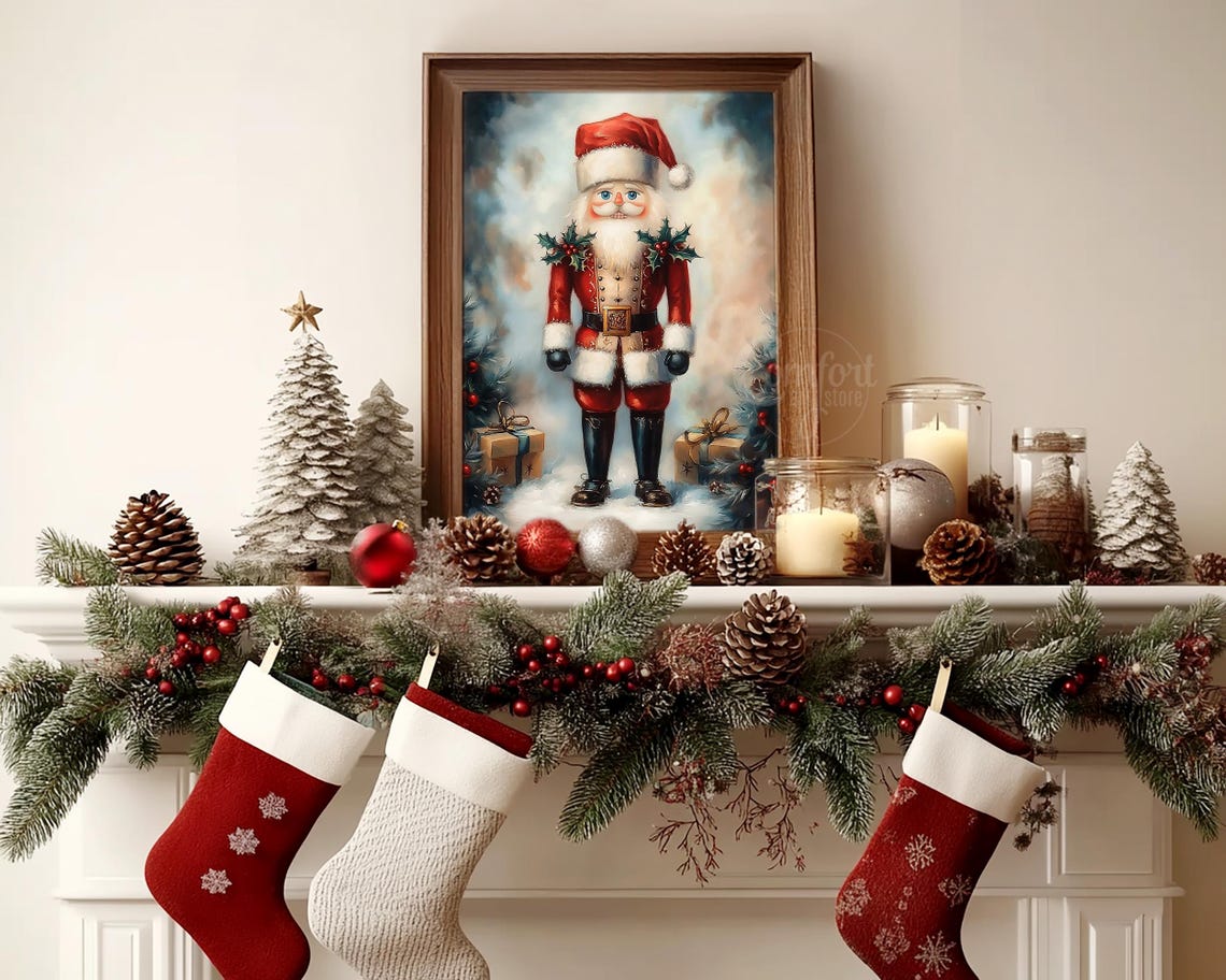 Nutcracker Soldier Wearing Santa Hat with Holly Sprigs Wall Art - Image 3