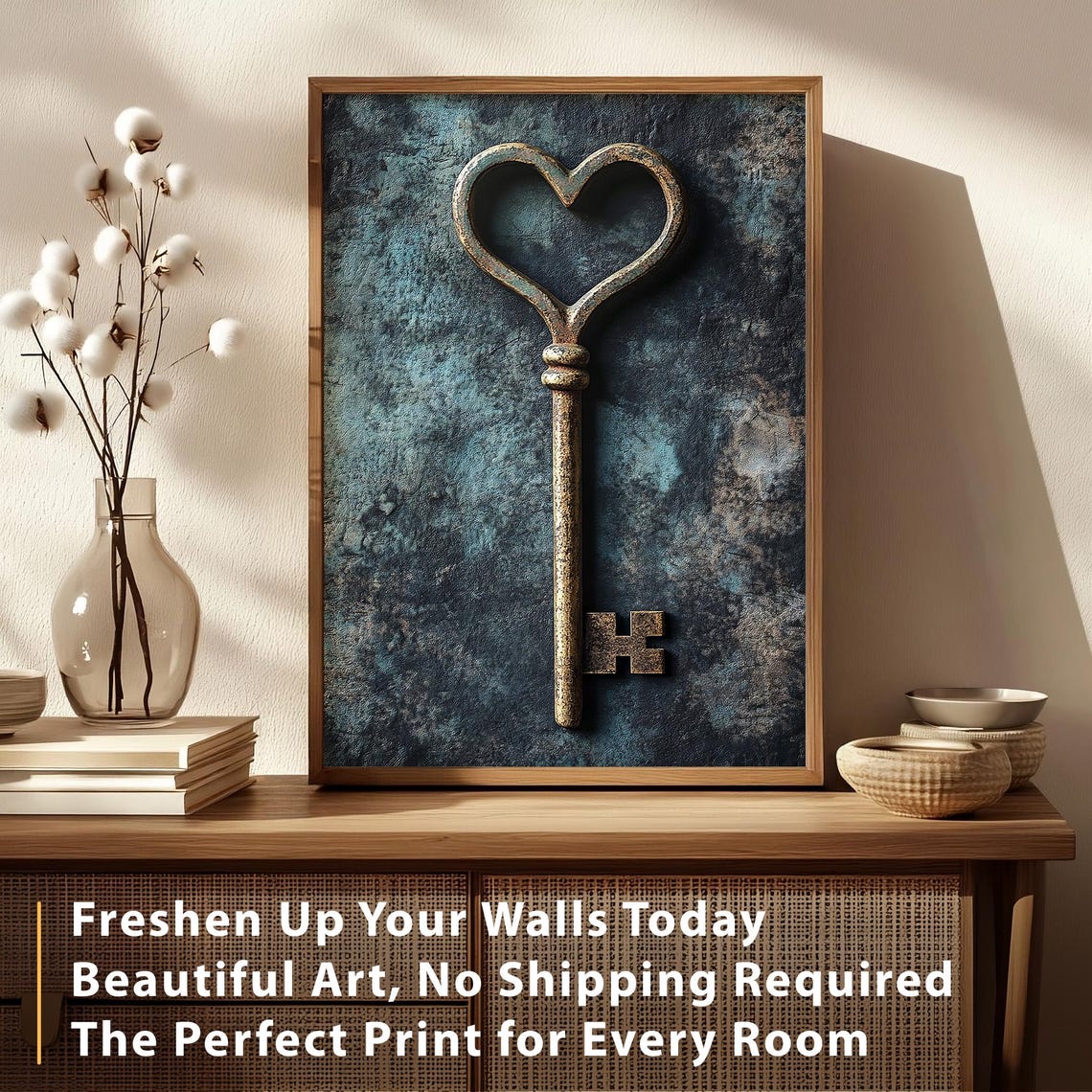 Brass Heart Key Skeleton Key Moody Dark Teal Romance Wall Art - Image 4