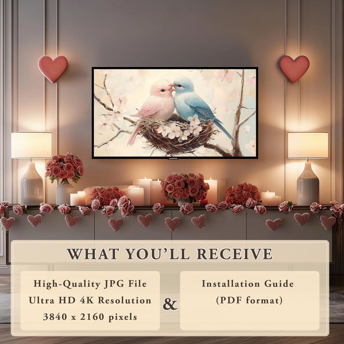 Pink Blue Lovebirds Nest Cherry Blossoms Romantic Birds Art Poster - Image 5