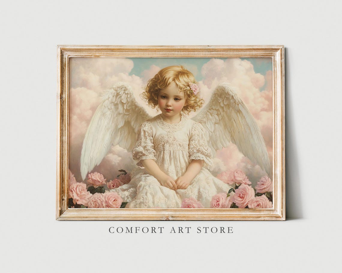 Cherubic Angel Pink Roses Vintage Oil Painting Romantic Wall Poster