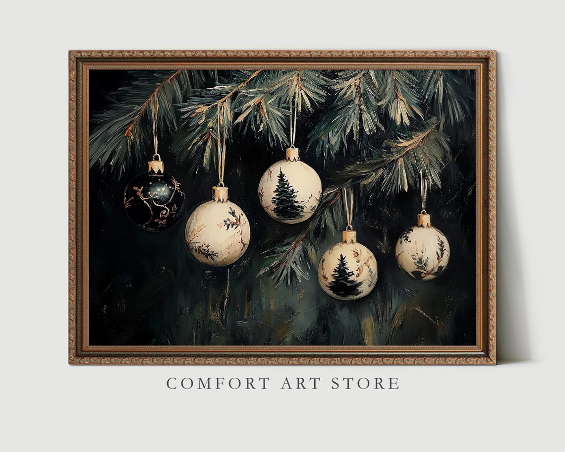 Hand Painted White Christmas Ornaments on Dark Pine Branch Poster - Image 4