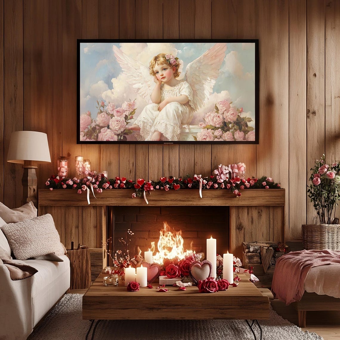 Dreamy Cherub Angel Roses Frame TV Artwork Romantic Vintage Poster - Image 2