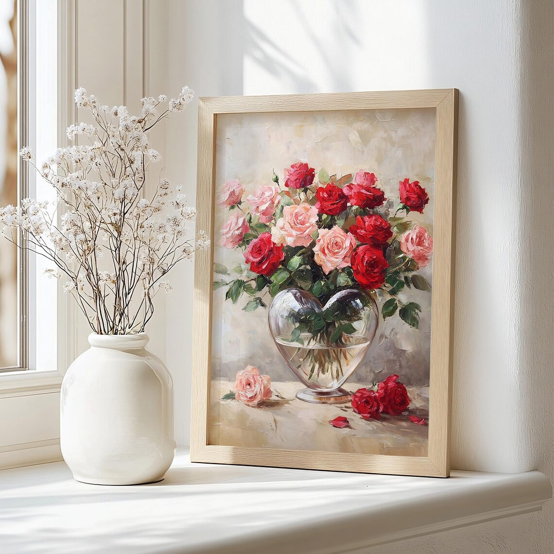 Valentines Day Heart Vase Roses Vintage Art Print