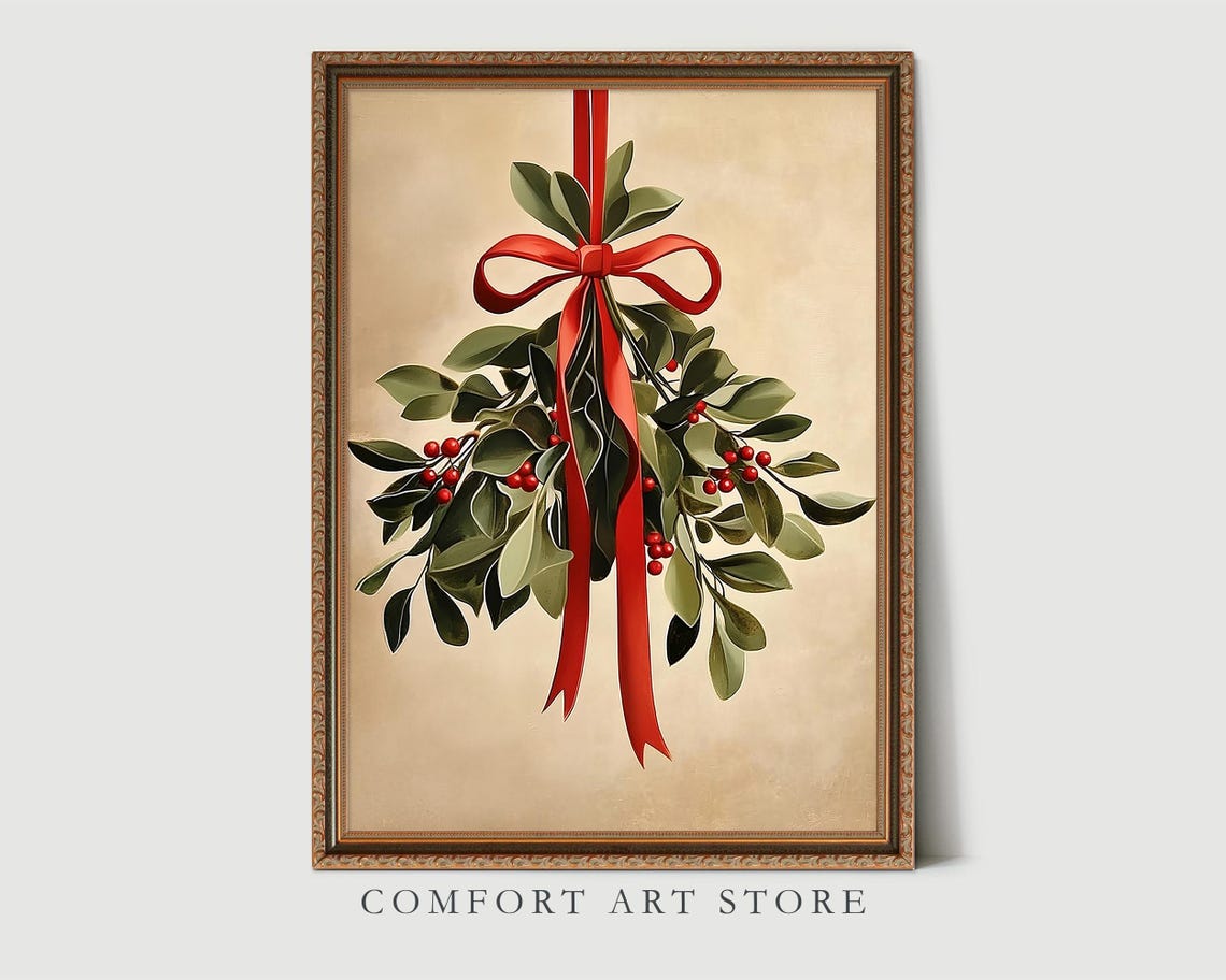 Christmas Mistletoe Sprig with Long Red Ribbon Holiday Print - Image 4