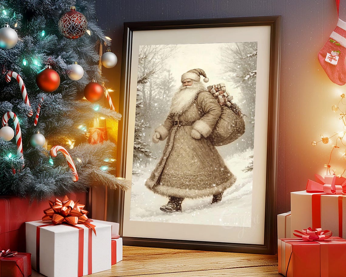Santa Claus Walking Snowy Forest Gifts Sack Vintage Sepia Oil Poster - Image 7