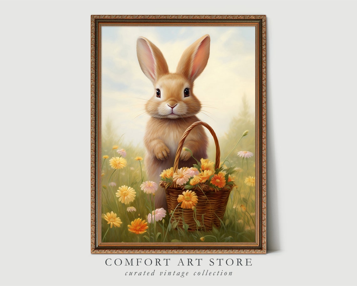 Cute Easter Bunny Spring Print Floral Easter Basket Easter Rabbit Easter Vintage Decor Wildflower Easter Farmhouse Wall Art - Image 8