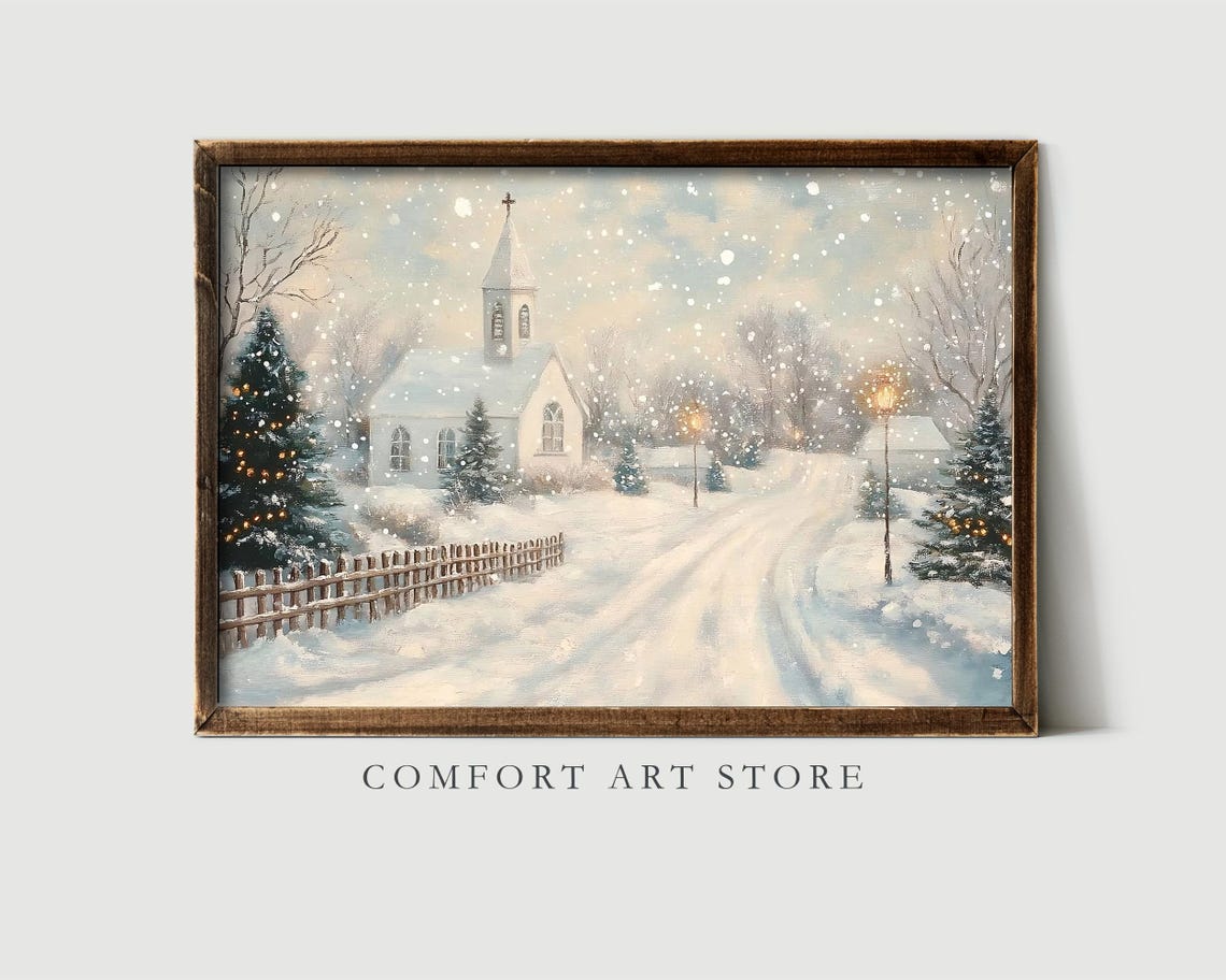 Snowy Village Wall Art Antique Vintage Winter Print Winter Scene Holiday Neutral Landscape Winter Seasonal Decor Church Painting - Image 5