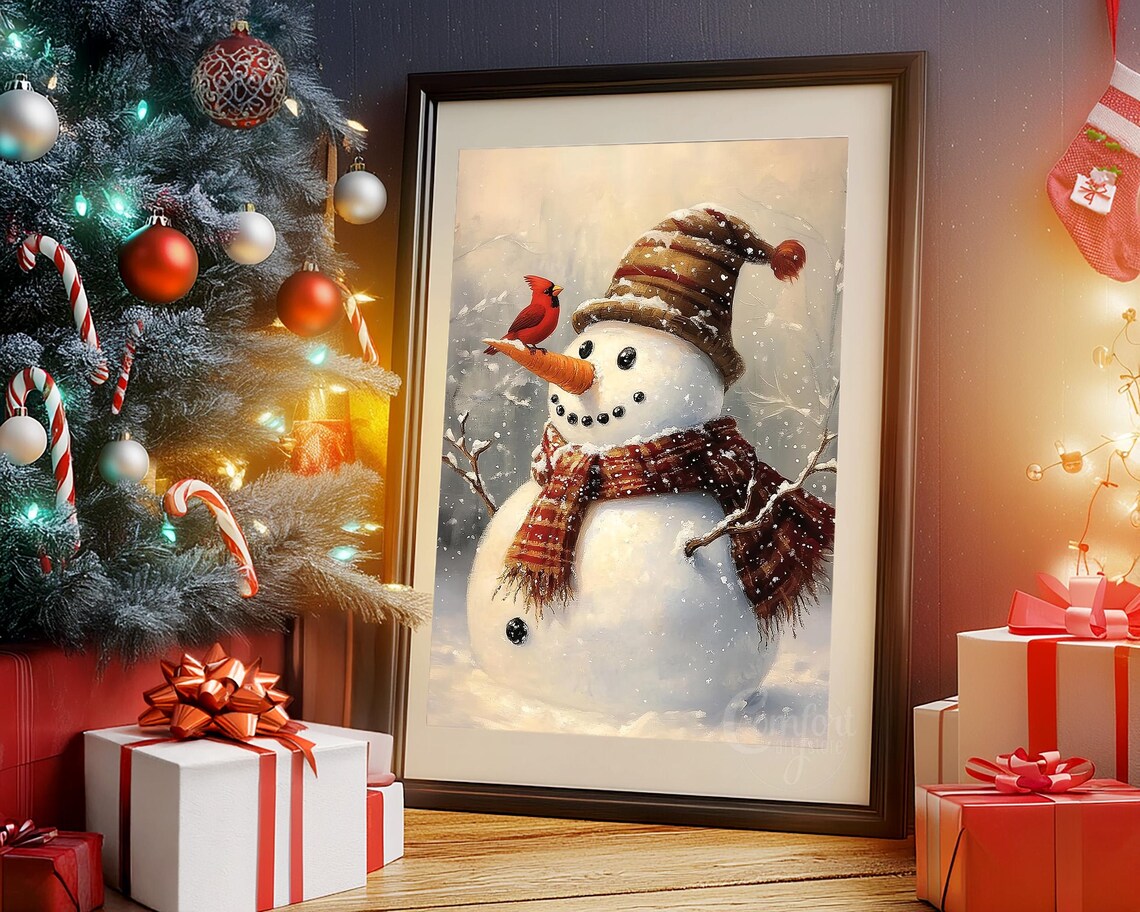 Vintage Christmas Wall Art Snowman Print Carrot Nose Red Cardinal Holiday Winter Decor Neutral Christmas Oil Painting Antique Snowman Print - Image 5