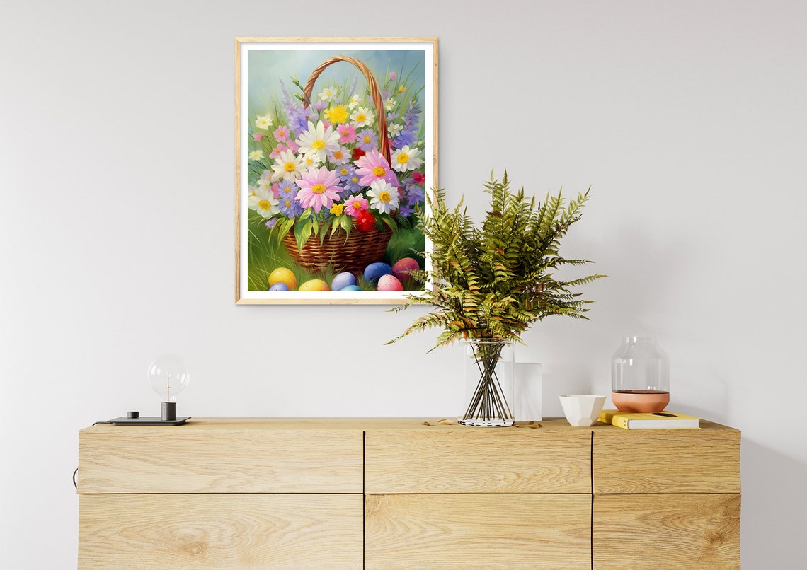 Wildflower Basket with Painted Easter Eggs in Meadow Wall Art - Image 3