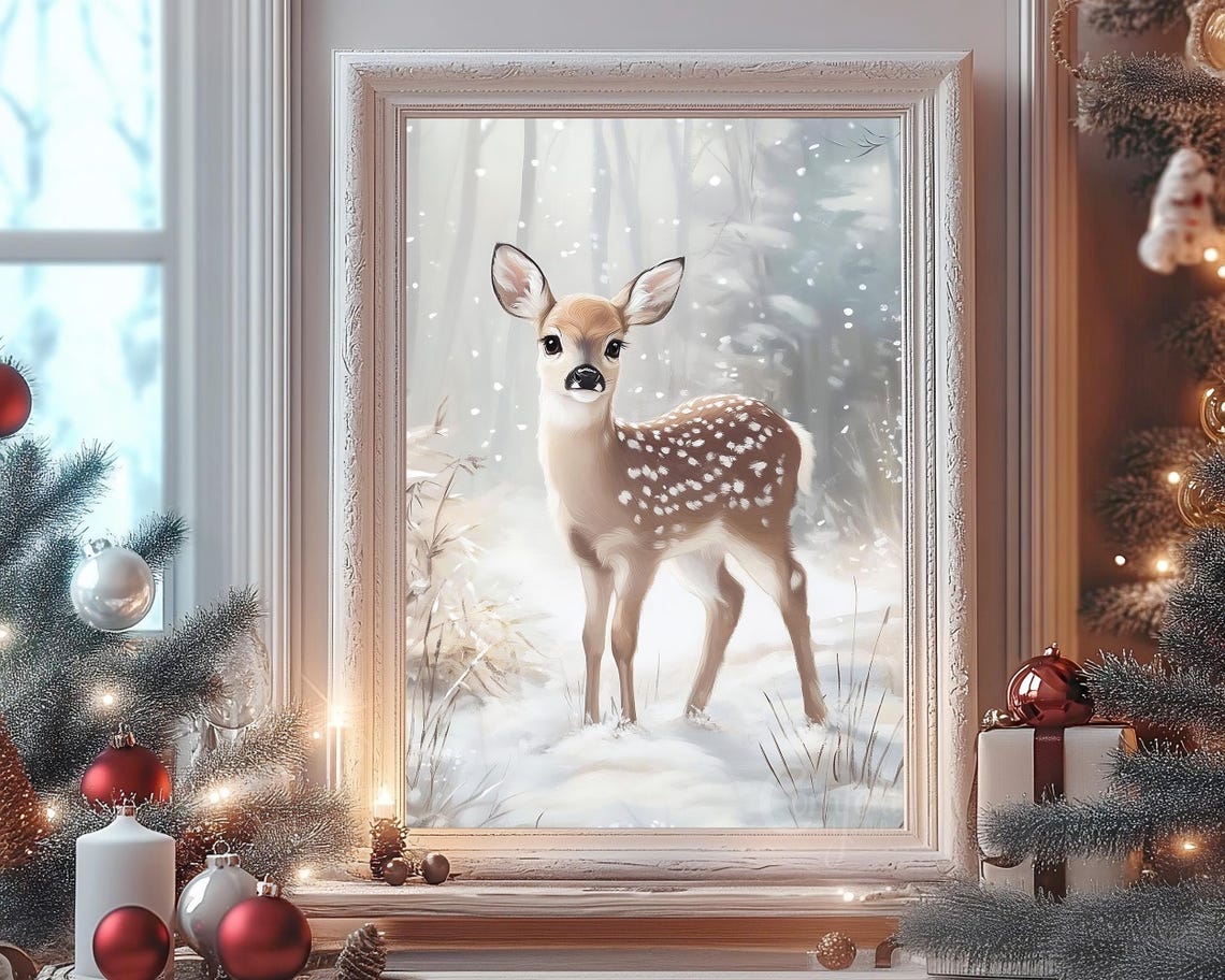 Adorable Baby Deer Fawn Standing in Snowy Winter Forest Poster - Image 8
