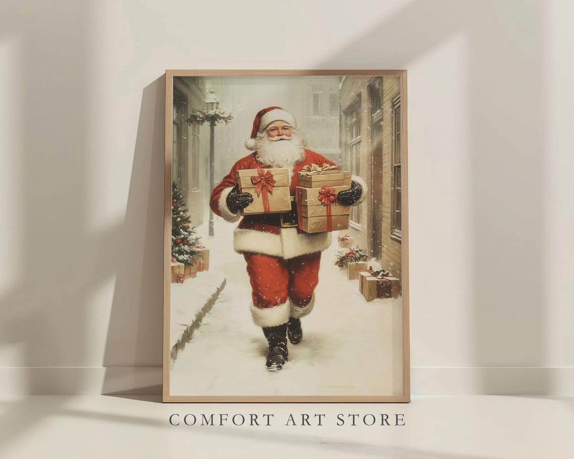Santa Claus Print Vintage Christmas Wall Art Christmas Snowy Street Print Winter Holiday Decor Antique Christmas Gift Neutral Santa Wall Art - Image 8