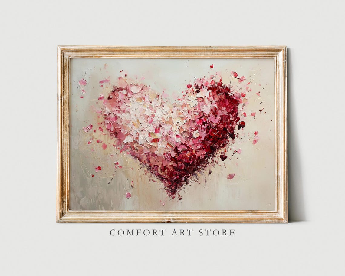Red Pink Impasto Petal Heart Oil Painting Valentines Decor Poster